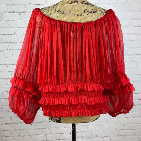 Ciel Semi Sheer Red Ruffle Balloon Sleeve Top - Picture 2 of 3